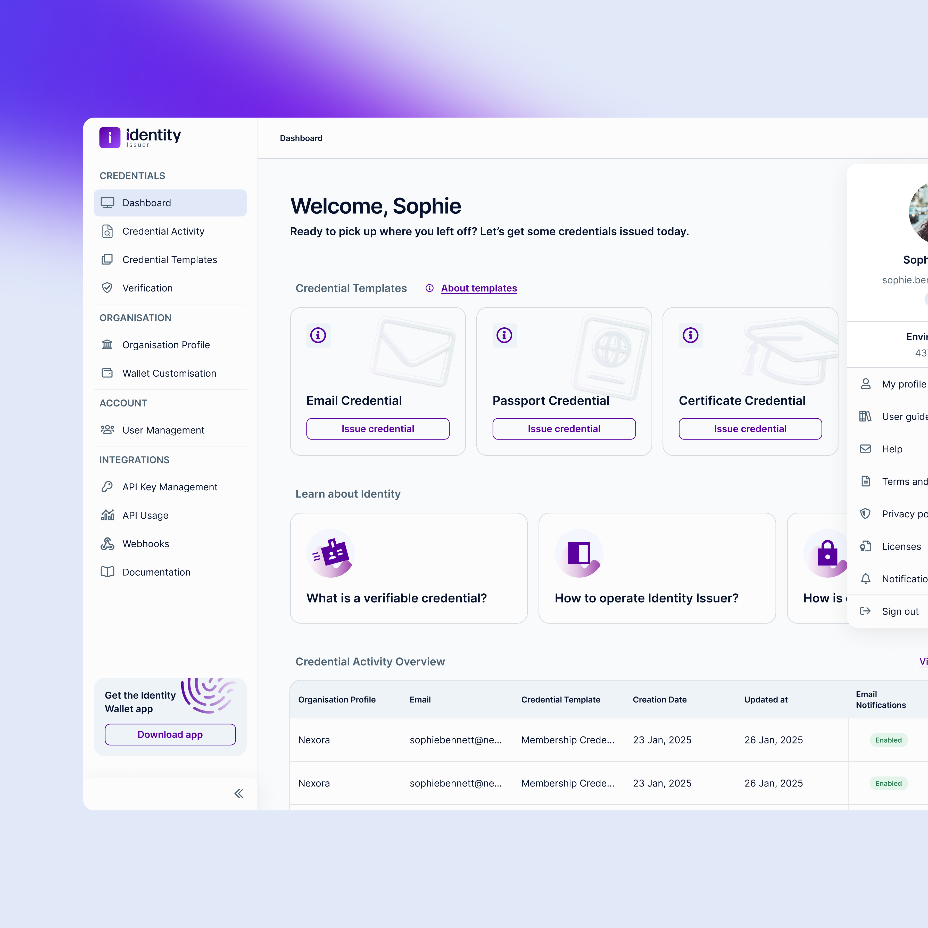 Key user flow across the Issuer and Verifier experience