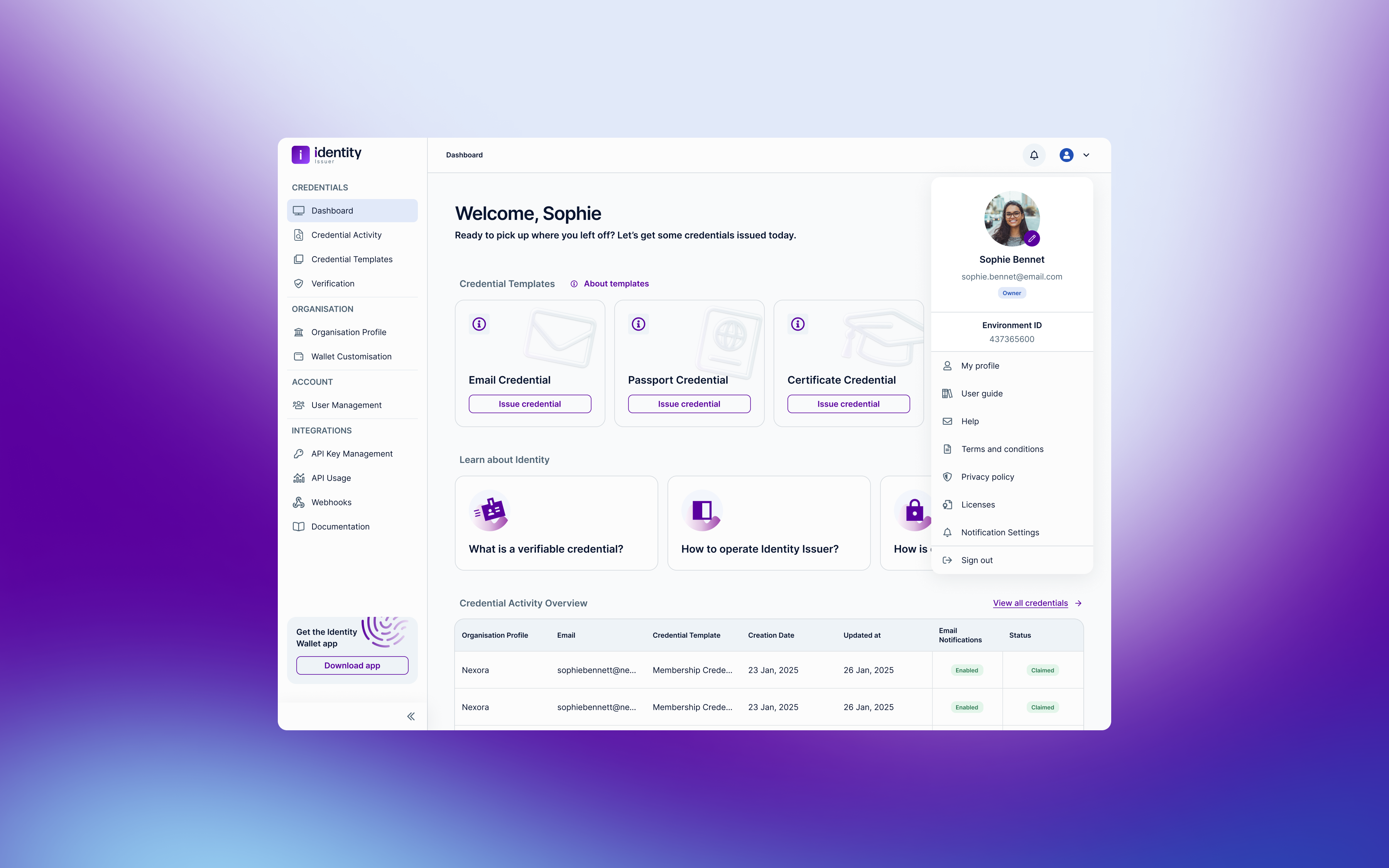 Identity credential-management dashboard with a Create a webhook modal