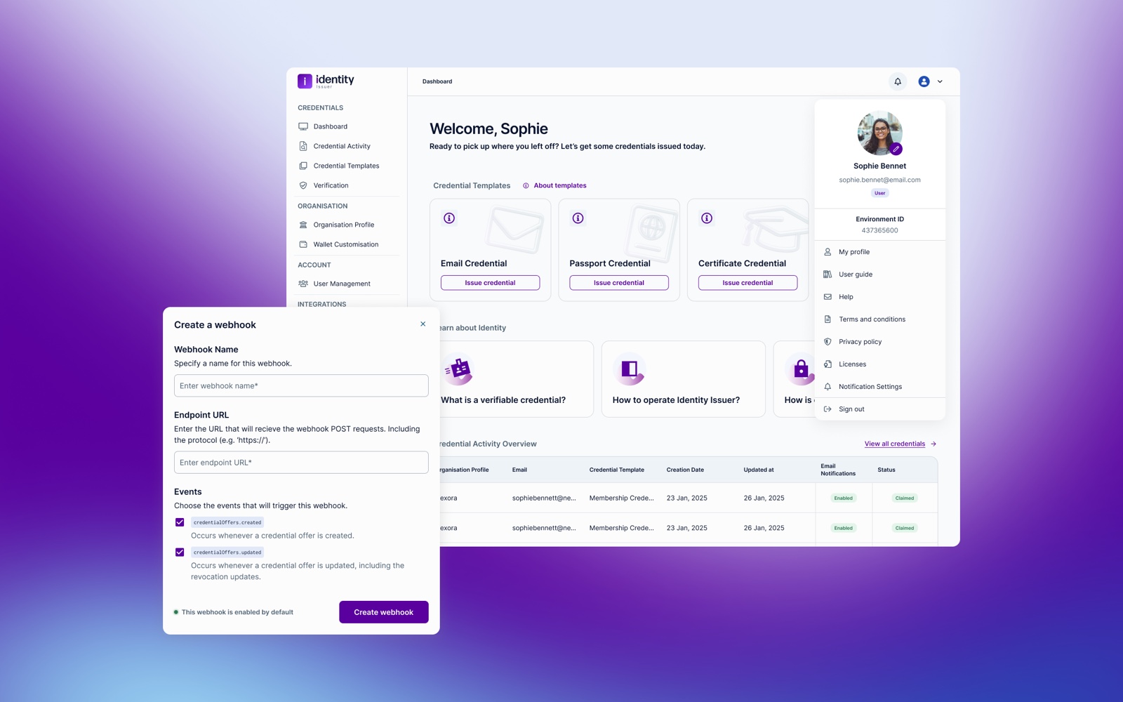 Identity credential-management dashboard with a Create a webhook modal
