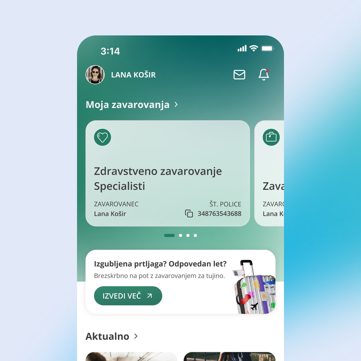 Task-oriented home screen of the B2C insurance app