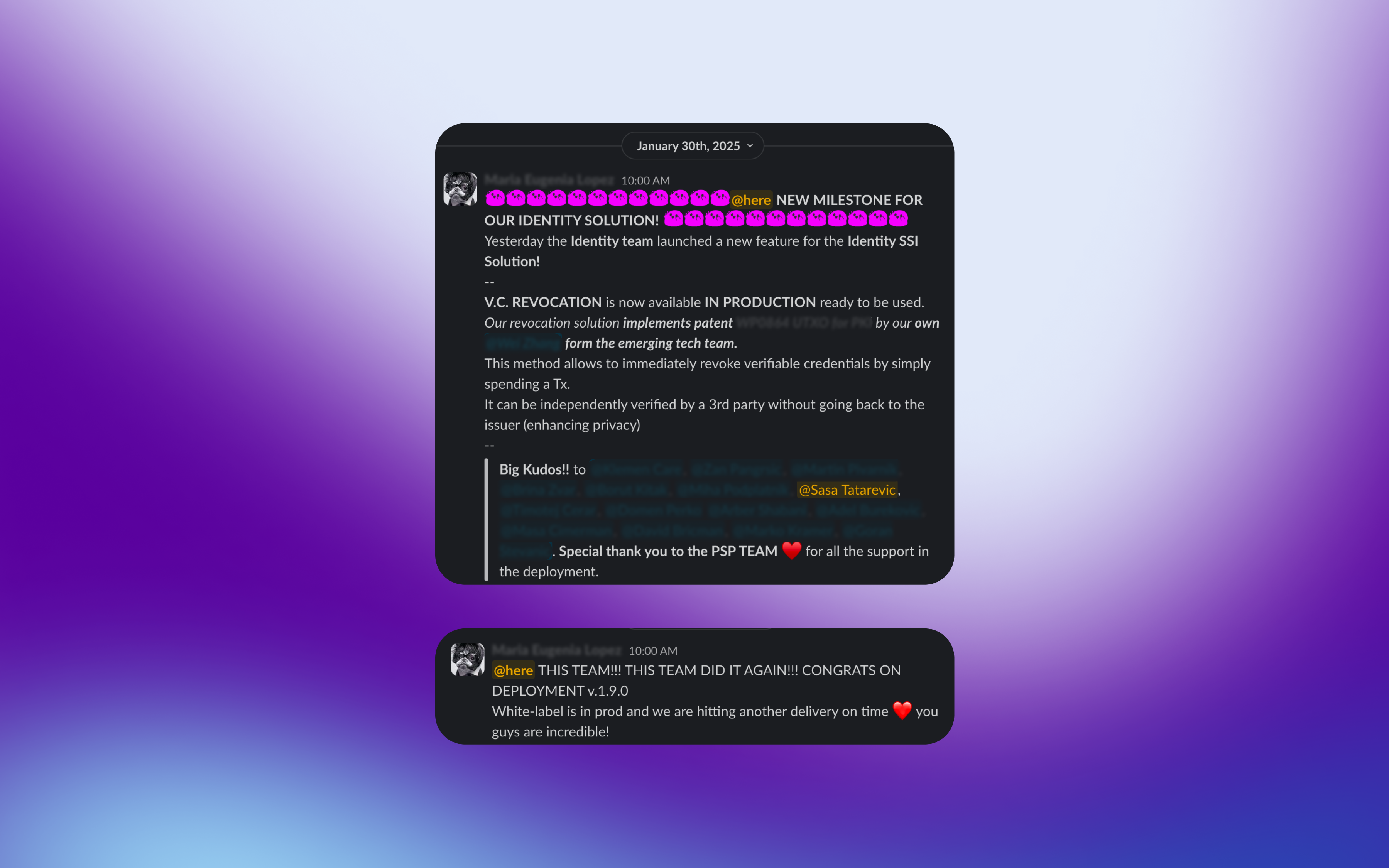 Slack message celebrating a production release milestone and thanking the team
