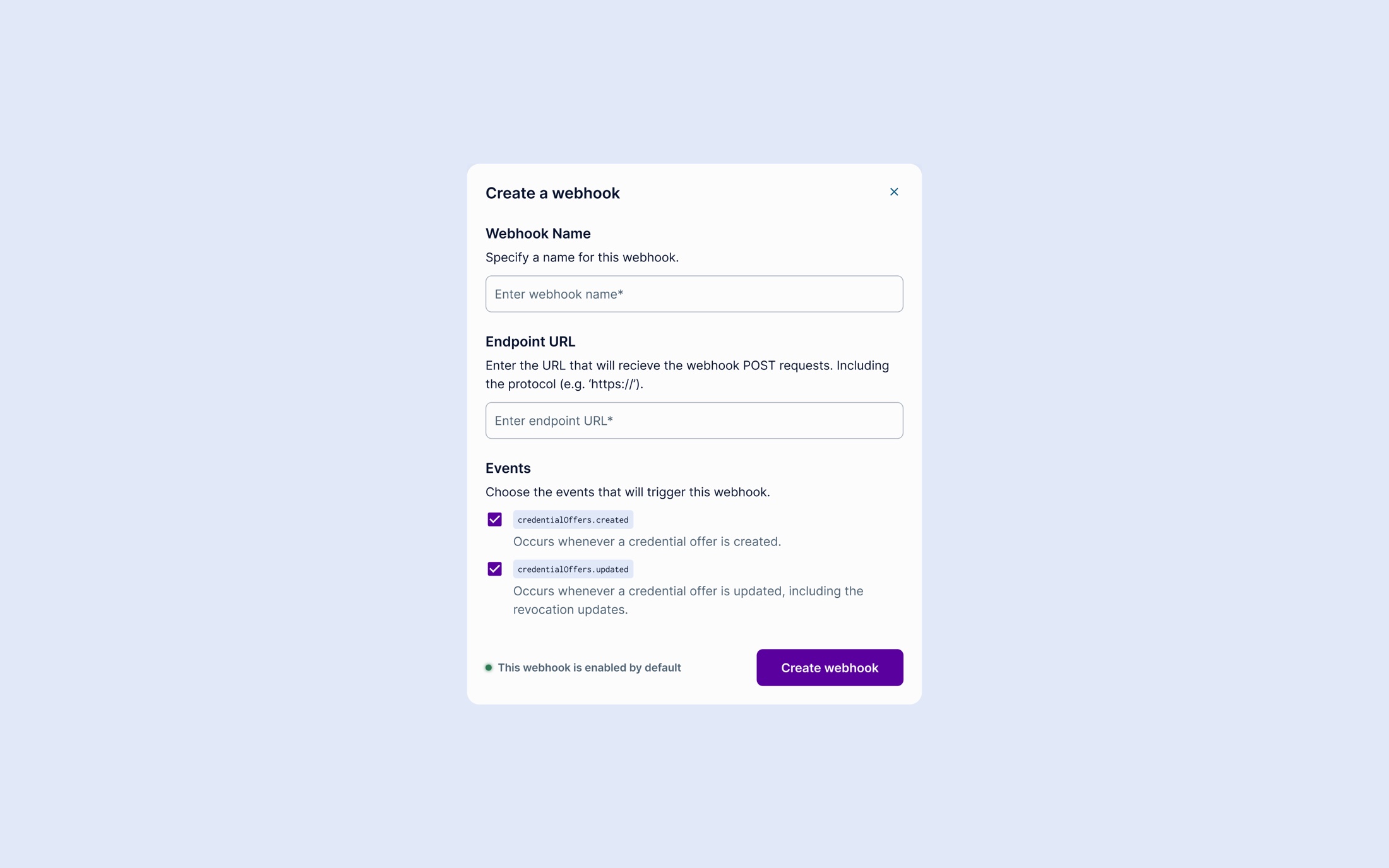 Create-a-webhook modal for configuring automated event-based notifications