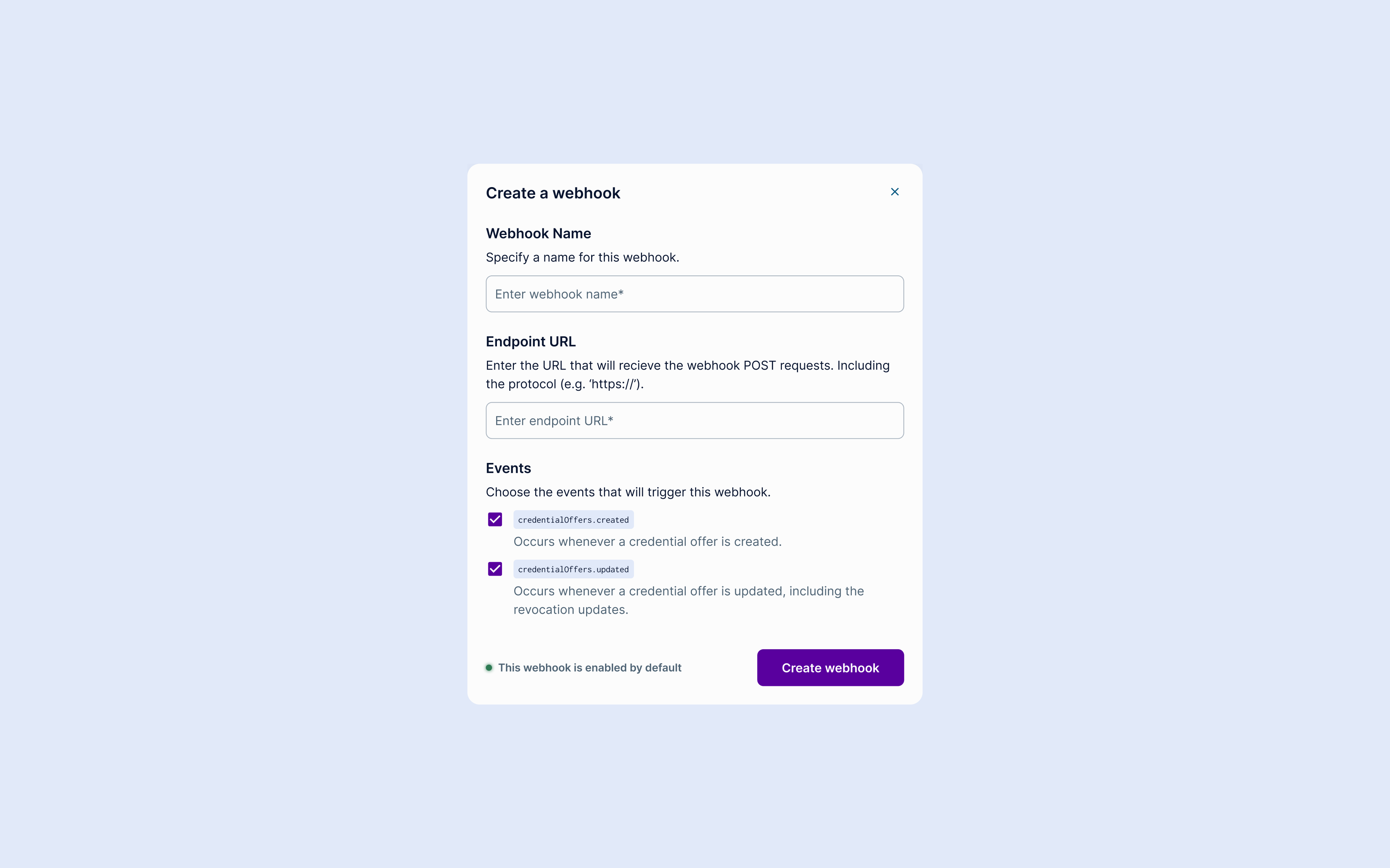 Create-a-webhook modal for configuring automated event-based notifications