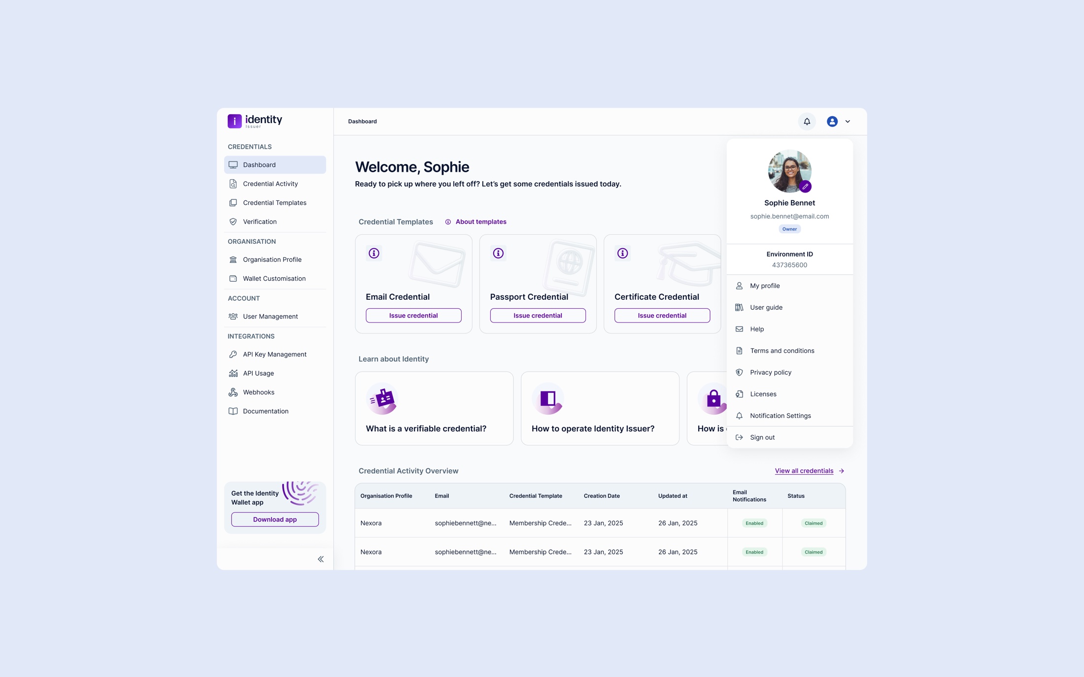 Identity dashboard — central workspace to monitor issuance activity