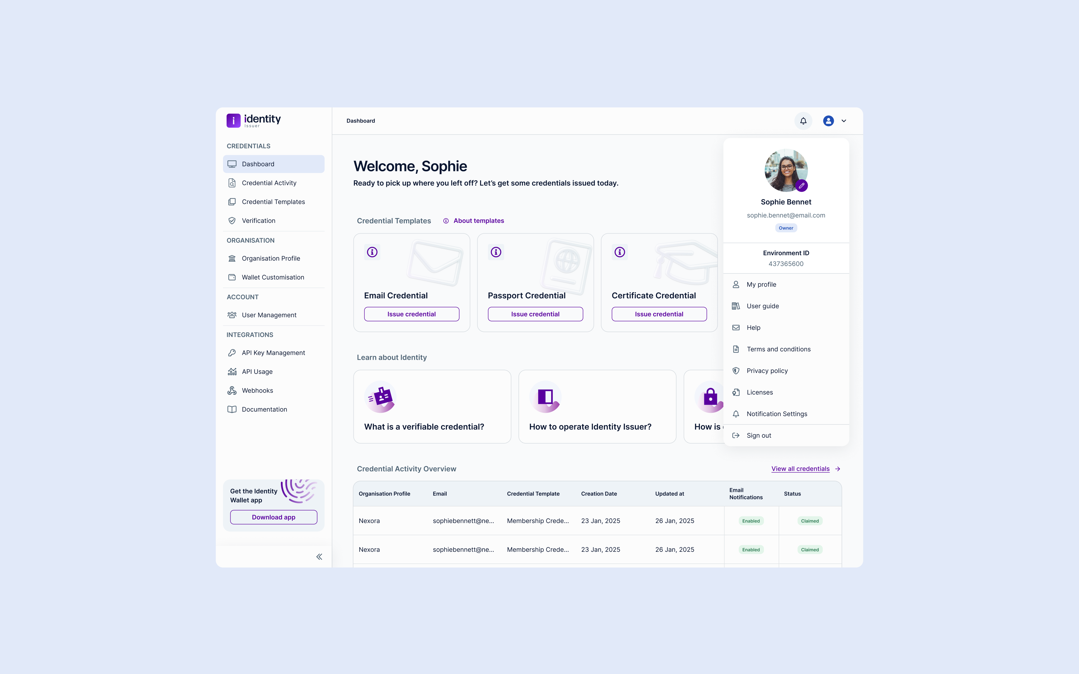 Identity dashboard — central workspace to monitor issuance activity