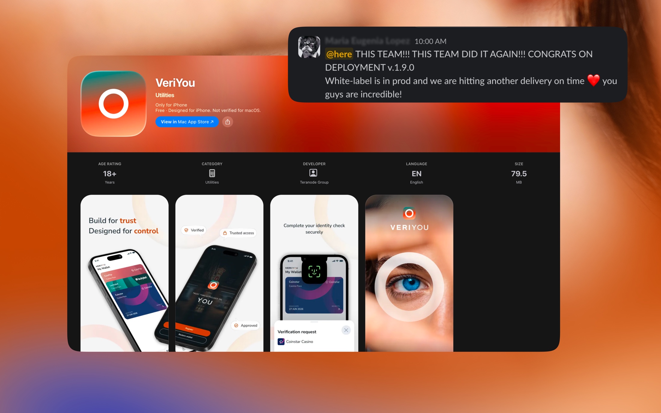 VeriYou App Store listing alongside a Slack message celebrating a production release
